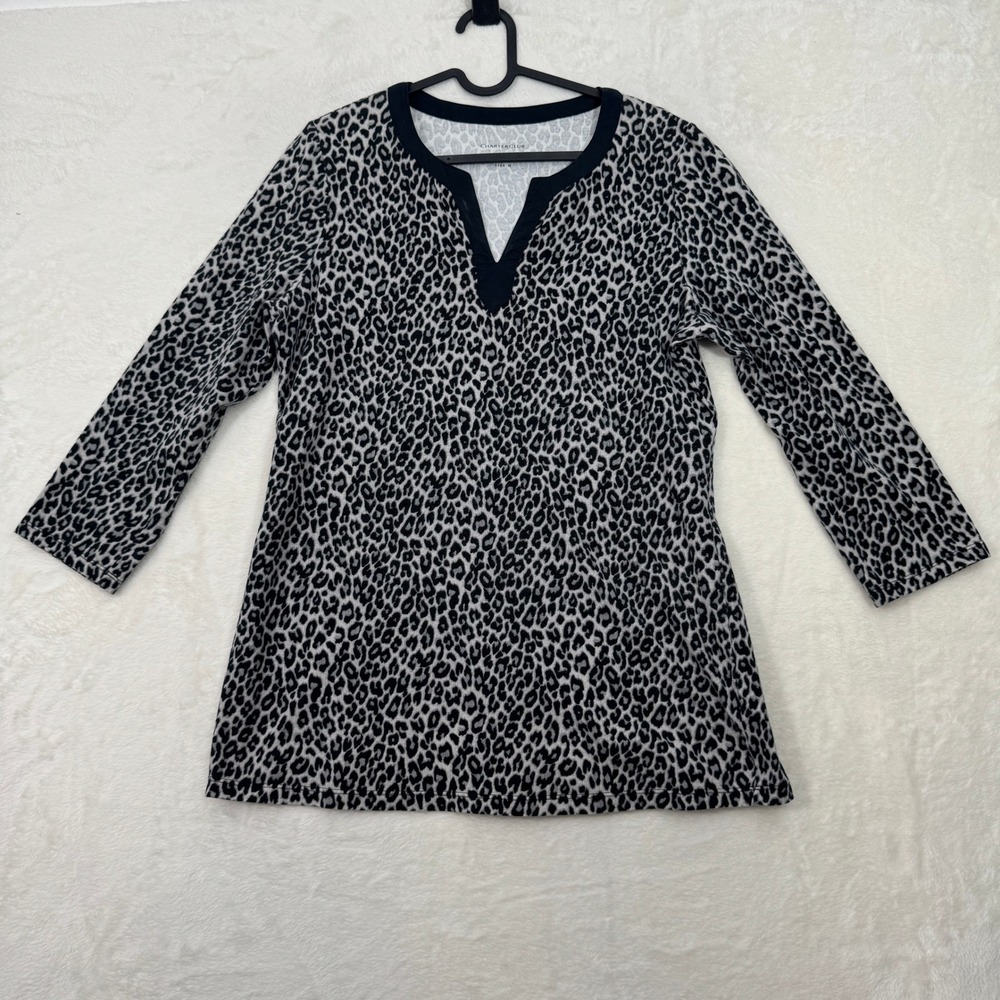 Charter Club Top Women Medium Gray Black‎ Leopard Print Split V-Neck 3/4 Sleeve